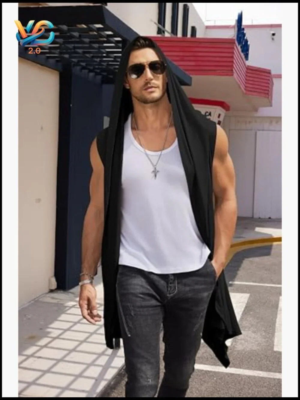 Men's Long Hooded Cardigan Sleeveless Ruffle Shawl Collar Lightweight Open